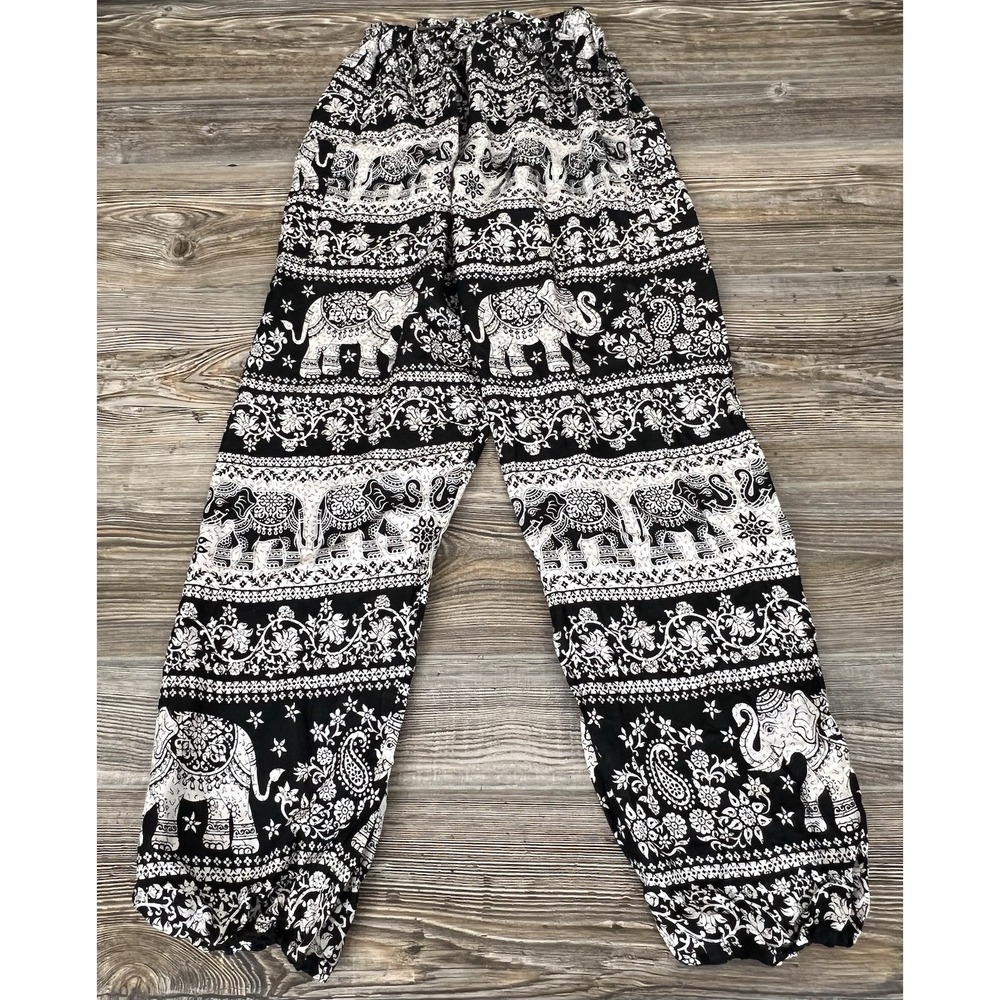 Elephant Print Hippie Boho Yoga Harem Pants‎ Black Elastic Waist/Ankles One/Size